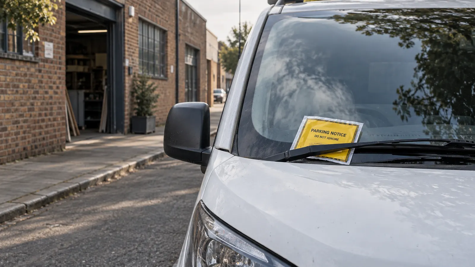 White work van with a yellow parking ticket tucked under its windscreen wiper